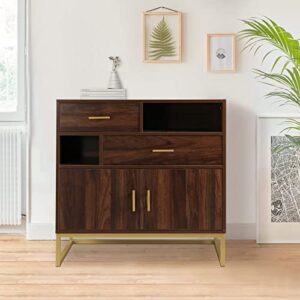 Anmytek Mid Century Wood 2 Doors Accent Storage Cabinet, Farmhouse Walnut Kitchen Buffet Sideboard with Drawers and Shelves Entryway Living Room H0038