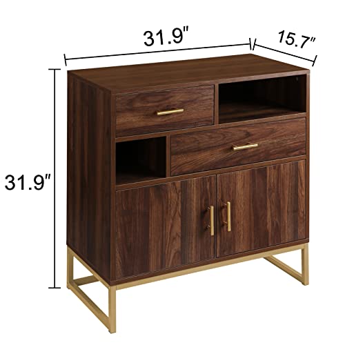 Anmytek Mid Century Wood 2 Doors Accent Storage Cabinet, Farmhouse Walnut Kitchen Buffet Sideboard with Drawers and Shelves Entryway Living Room H0038