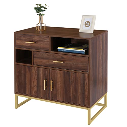 Anmytek Mid Century Wood 2 Doors Accent Storage Cabinet, Farmhouse Walnut Kitchen Buffet Sideboard with Drawers and Shelves Entryway Living Room H0038