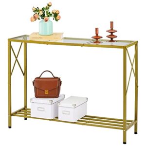 hoctieon gold console table, entryway table, tempered glass sofa table with shelves, metal frame, modern style, easy to assemble, entrance table for hallway, entryway, living room, bedroom