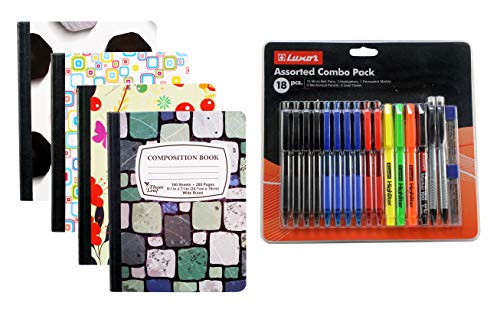 4-Pack Composition Notebook, 9-3/4" x 7-1/2", Wide Ruled, 100 Sheet (200 Page) - 18 Piece School Combo Pack, Pens - Highlighters - Mechanical Pencils - Refills (4 Composition Notebooks, 18 Combo Pack)