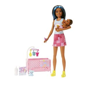 barbie doll and accessories, crib playset with skipper friend doll, baby doll with sleepy eyes, furniture and themed accessories, babysitters inc.