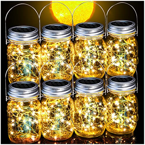 Cooo 8 Pack Lanterns Solar Powered 30LED Mason Jar Lights,Waterproof Hanging Patio Porch Garden Yard Backyard Balcony Lawn Handmade Wall Lighting Fixtures Decor（Hangers&Jars included）-Warm White