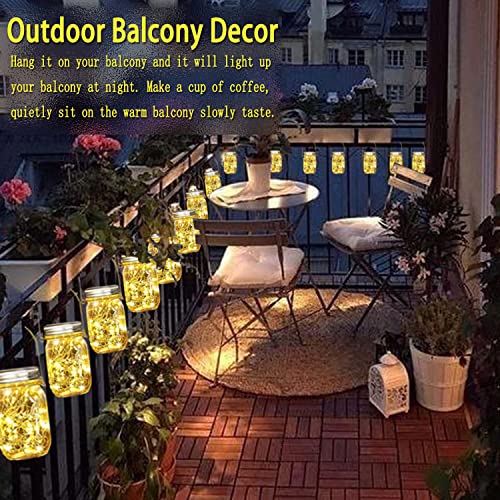 Cooo 8 Pack Lanterns Solar Powered 30LED Mason Jar Lights,Waterproof Hanging Patio Porch Garden Yard Backyard Balcony Lawn Handmade Wall Lighting Fixtures Decor（Hangers&Jars included）-Warm White