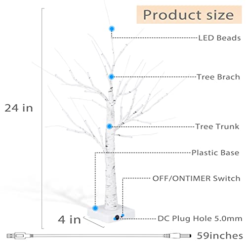 Uroomelves 2FT/24 LED Birch Tree Light, USB and Battery Powered Tabletop Warm White LED Tree Light, Artificial Birch Tree with Light for Home Decor, Christmas, Party and Wedding.