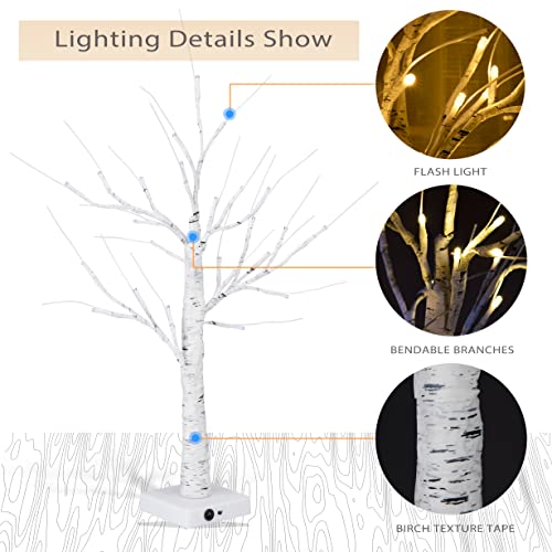 Uroomelves 2FT/24 LED Birch Tree Light, USB and Battery Powered Tabletop Warm White LED Tree Light, Artificial Birch Tree with Light for Home Decor, Christmas, Party and Wedding.