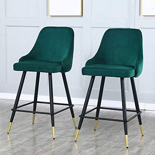 Velvet Counter Stools Set of 2 - Upholstery Barstools Bar Stools Counter Height Stools for Kitchen Island, Modern Bar Chairs Dining Chairs with Back and Arm, Pack of 2 Pieces (Green)