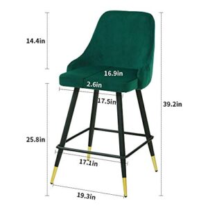 Velvet Counter Stools Set of 2 - Upholstery Barstools Bar Stools Counter Height Stools for Kitchen Island, Modern Bar Chairs Dining Chairs with Back and Arm, Pack of 2 Pieces (Green)