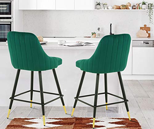 Velvet Counter Stools Set of 2 - Upholstery Barstools Bar Stools Counter Height Stools for Kitchen Island, Modern Bar Chairs Dining Chairs with Back and Arm, Pack of 2 Pieces (Green)