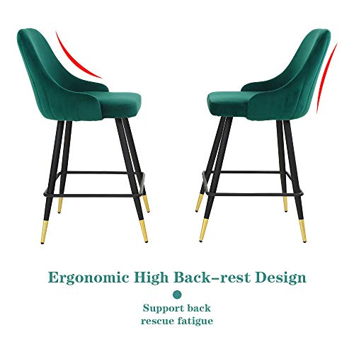 Velvet Counter Stools Set of 2 - Upholstery Barstools Bar Stools Counter Height Stools for Kitchen Island, Modern Bar Chairs Dining Chairs with Back and Arm, Pack of 2 Pieces (Green)