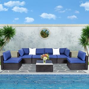 kinfant outdoor patio furniture set wicker conversation set – pe rattan sectional sofa with glass table and cushions for garden poolside porch balcony (dark blue)