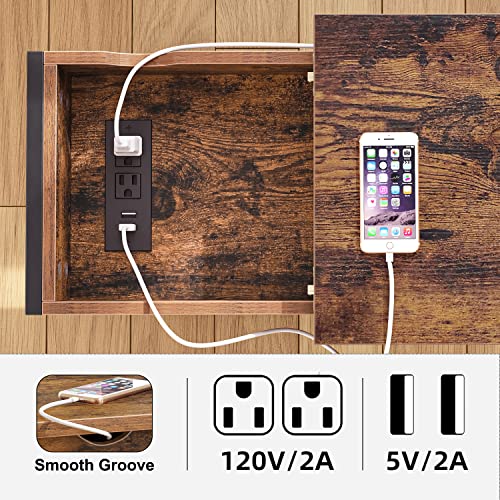 MASHOOPS Narrow End Table, Side Table with Charging Station, End Table with USB Ports and Outlets, Nightstand with Charging Station, Side Tables Living Room, Bedroom, Rustic Brown