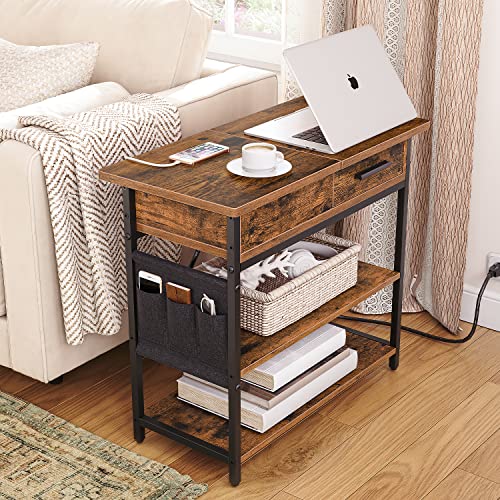 MASHOOPS Narrow End Table, Side Table with Charging Station, End Table with USB Ports and Outlets, Nightstand with Charging Station, Side Tables Living Room, Bedroom, Rustic Brown