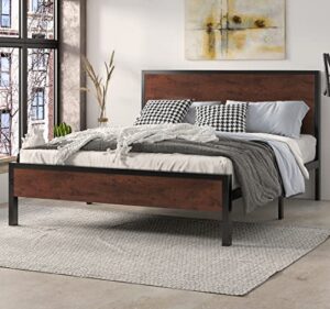 sha cerlin queen bed frame with headboard, heavy duty platform bed with under-bed storage, solid wood slats & metal construction, no box spring needed, easy assembly, saddle brown