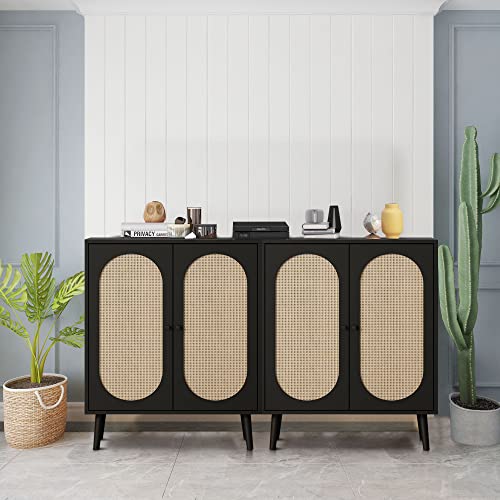 QHITTY Rattan Sideboard Buffet Cabinet, Accent Kitchen Storage Cabinet Console Table with Adjustable Shelves for Living Room, Dining Room, Bedroom (Black)