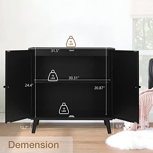 QHITTY Rattan Sideboard Buffet Cabinet, Accent Kitchen Storage Cabinet Console Table with Adjustable Shelves for Living Room, Dining Room, Bedroom (Black)