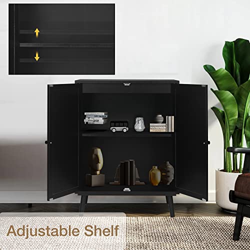 QHITTY Rattan Sideboard Buffet Cabinet, Accent Kitchen Storage Cabinet Console Table with Adjustable Shelves for Living Room, Dining Room, Bedroom (Black)