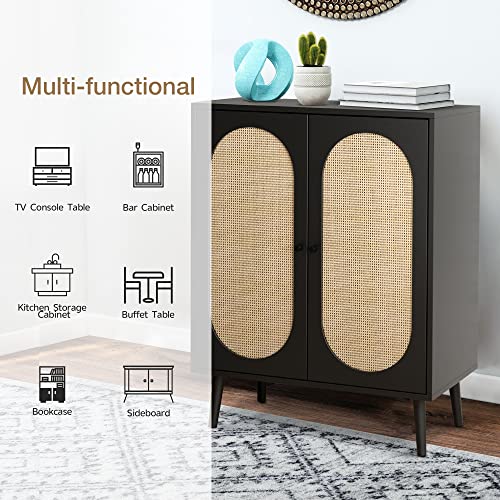 QHITTY Rattan Sideboard Buffet Cabinet, Accent Kitchen Storage Cabinet Console Table with Adjustable Shelves for Living Room, Dining Room, Bedroom (Black)