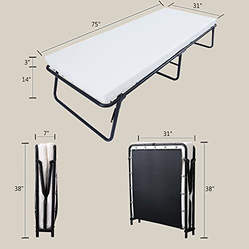 LEISUIT Rollaway Guest Bed Cot Fold Out Bed - Portable Folding Bed Frame with Thick Memory Foam Mattress for Spare Bedroom & Office