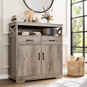 HOSTACK Modern Farmhouse Buffet Sideboard, Kitchen Storage Cabinet with Shelves and Doors, Wood Buffet Cabinet with Drawers, Coffee Bar, Floor Cabinet Cupboard for Dining Room, Ash Grey