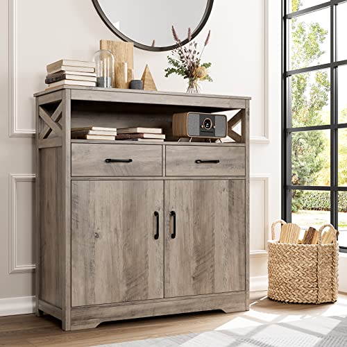 HOSTACK Modern Farmhouse Buffet Sideboard, Kitchen Storage Cabinet with Shelves and Doors, Wood Buffet Cabinet with Drawers, Coffee Bar, Floor Cabinet Cupboard for Dining Room, Ash Grey