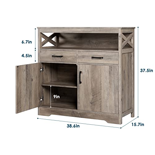 HOSTACK Modern Farmhouse Buffet Sideboard, Kitchen Storage Cabinet with Shelves and Doors, Wood Buffet Cabinet with Drawers, Coffee Bar, Floor Cabinet Cupboard for Dining Room, Ash Grey