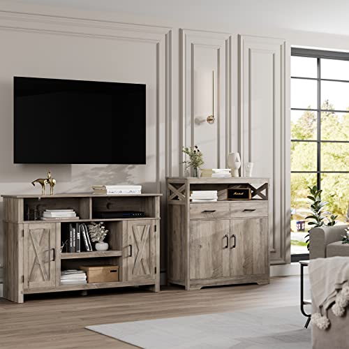 HOSTACK Modern Farmhouse Buffet Sideboard, Kitchen Storage Cabinet with Shelves and Doors, Wood Buffet Cabinet with Drawers, Coffee Bar, Floor Cabinet Cupboard for Dining Room, Ash Grey