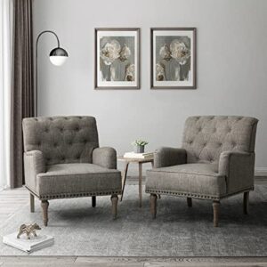 hulala home set of 2 modern accent chair with retro wood legs, comfy upholstered armchair with button-tufted and nailhead trim for living room bedroom, grey