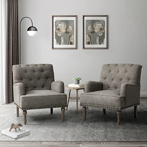 HULALA HOME Set of 2 Modern Accent Chair with Retro Wood Legs, Comfy Upholstered Armchair with Button-Tufted and Nailhead Trim for Living Room Bedroom, Grey