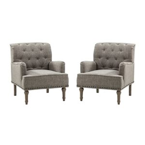 HULALA HOME Set of 2 Modern Accent Chair with Retro Wood Legs, Comfy Upholstered Armchair with Button-Tufted and Nailhead Trim for Living Room Bedroom, Grey
