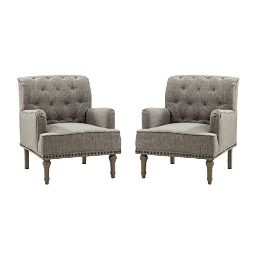 HULALA HOME Set of 2 Modern Accent Chair with Retro Wood Legs, Comfy Upholstered Armchair with Button-Tufted and Nailhead Trim for Living Room Bedroom, Grey