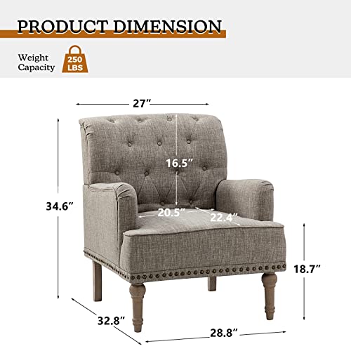 HULALA HOME Set of 2 Modern Accent Chair with Retro Wood Legs, Comfy Upholstered Armchair with Button-Tufted and Nailhead Trim for Living Room Bedroom, Grey