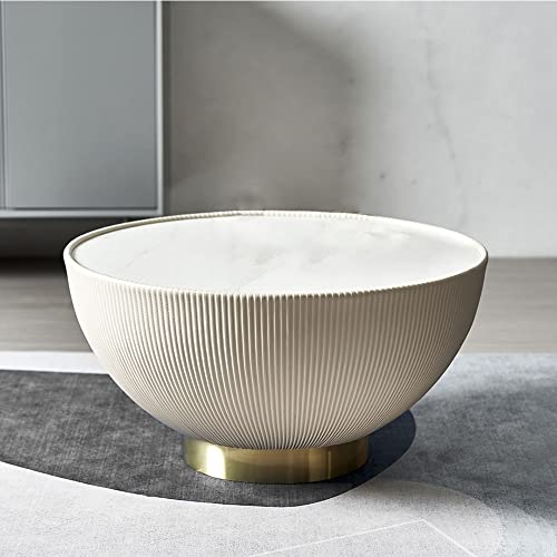 First of a Kind Modern Drum Bowl Coffee Table - Round Shaped Coffee Table – Modern Decorative Tables - Tabletop for Home Decor - Sintered Stone at Top with Microfiber Leather, White