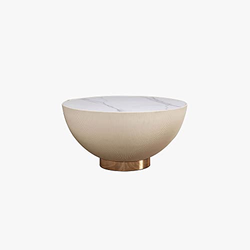 First of a Kind Modern Drum Bowl Coffee Table - Round Shaped Coffee Table – Modern Decorative Tables - Tabletop for Home Decor - Sintered Stone at Top with Microfiber Leather, White