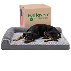 furhaven xl orthopedic dog bed two-tone faux fur & suede l shaped chaise w/ removable washable cover – stone gray, jumbo (x-large)