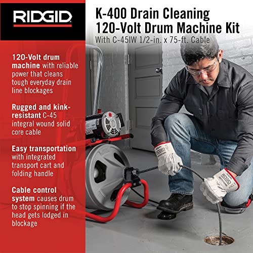 RIDGID 26998 Model K-400 Drain Cleaning 120-Volt Drum Machine Kit with C-45IW 1/2" x 75' Cable & 12128 T-240 Tool Set for Drum Machines and Drain Cleaning Machines, Included with Select RIDGID K-3800