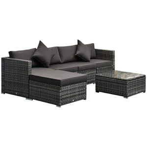 outsunny 6 pieces patio furniture sets outdoor wicker conversation sets all weather pe rattan sectional sofa set with ottoman, cushions & tempered glass desktop, charcoal
