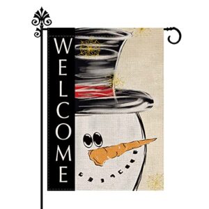 winter christmas garden flag snowoman welcome snowflakes vertical double sided rustic burlap outdoor 12.5 x 18 inch seasonal holiday outdoor decorations farmhouse yard decor
