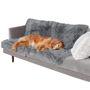 furhaven xl waterproof calming plush long faux fur & velvet dog blanket, washable – gray, extra large
