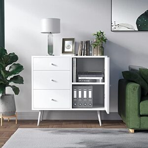 Cozy Castle Wood Sideboard Cabinet, Accent Buffet Storage Cabinet with 3 Drawers, Free Standing Cabinet for Living Room Bedroom, Cupboard Console Table for Home Kitchen Dining Room, 32 Inch, White