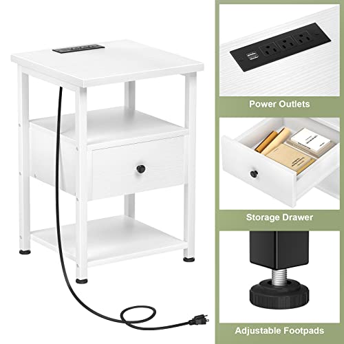 Ecoprsio Nightstand Set of 2 with Charging Station, End Table Bedside Table with USB Ports, Modern Nightstands with Drawers Storage Shelf, Wood Night Stands for Bedroom, Living Room, Sofa Couch, White