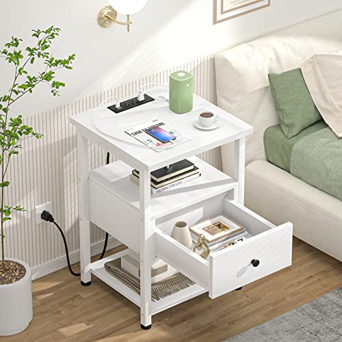 Ecoprsio Nightstand Set of 2 with Charging Station, End Table Bedside Table with USB Ports, Modern Nightstands with Drawers Storage Shelf, Wood Night Stands for Bedroom, Living Room, Sofa Couch, White