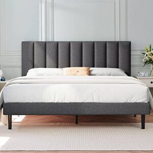 molblly queen bed frame upholstered platform with headboard and strong wooden slats, strong weight capacity, non-slip and noise-free,no box spring needed, easy assembly,dark gray