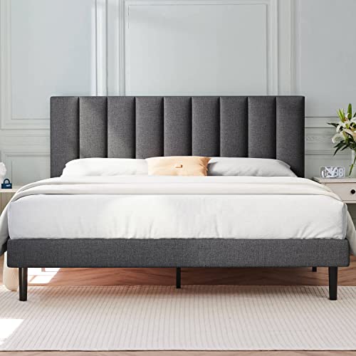 Molblly Queen Bed Frame Upholstered Platform with Headboard and Strong Wooden Slats, Strong Weight Capacity, Non-Slip and Noise-Free,No Box Spring Needed, Easy Assembly,Dark Gray