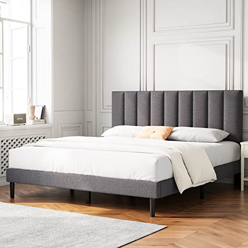 Molblly Queen Bed Frame Upholstered Platform with Headboard and Strong Wooden Slats, Strong Weight Capacity, Non-Slip and Noise-Free,No Box Spring Needed, Easy Assembly,Dark Gray