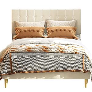 likimio full size bed frame, velvet upholstered platform bed with metal frame and wooden slats/easy to assemble/mattress foundation(beige, full)