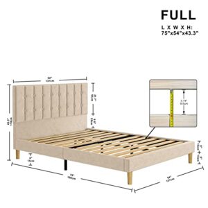 LIKIMIO Full Size Bed Frame, Velvet Upholstered Platform Bed with Metal Frame and Wooden Slats/Easy to Assemble/Mattress Foundation(Beige, Full)