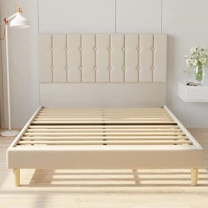 LIKIMIO Full Size Bed Frame, Velvet Upholstered Platform Bed with Metal Frame and Wooden Slats/Easy to Assemble/Mattress Foundation(Beige, Full)