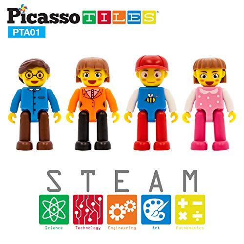 PicassoTiles Magnetic 4 Family Action Figures Toddler Toy Magnet Expansion Pack Educational Add-on STEM Learning Kit Toys Pretend Playset for Construction Building Block Tiles Child Brain Development