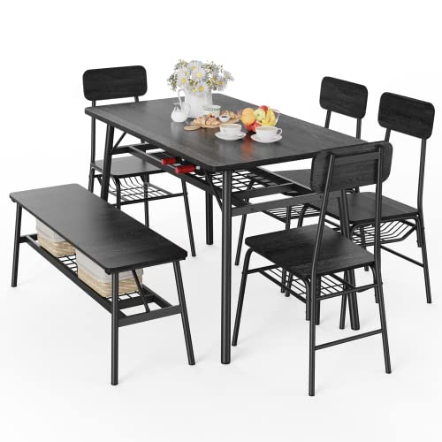 Gizoon 46'' Rectangular Dining Table Set for 6, 6-Piece Modern Dining Set for Home, Apt, 4 Chairs, Bench, Kitchen Dining Room Set w/Storage Rack for Family, Small Space, Saving Space-Black